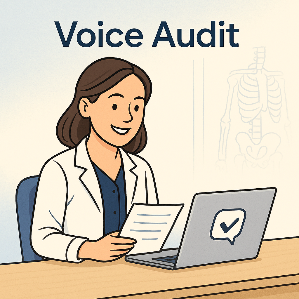 Cartoon image of Physiotherapist, osteopath or chiropractor sitting at her laptop completing our voice audit.