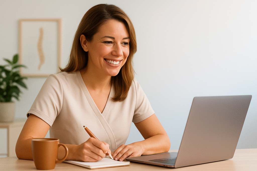 A friendly female osteopath or physiotherapist in her 40s–50s sits at a tidy clinic desk, smiling as she takes notes beside an open laptop. The scene features warm bronze accents such as a pen and notebook, with bright natural daylight and a cream-to-sky-blue background creating a supportive, encouraging atmosphere.