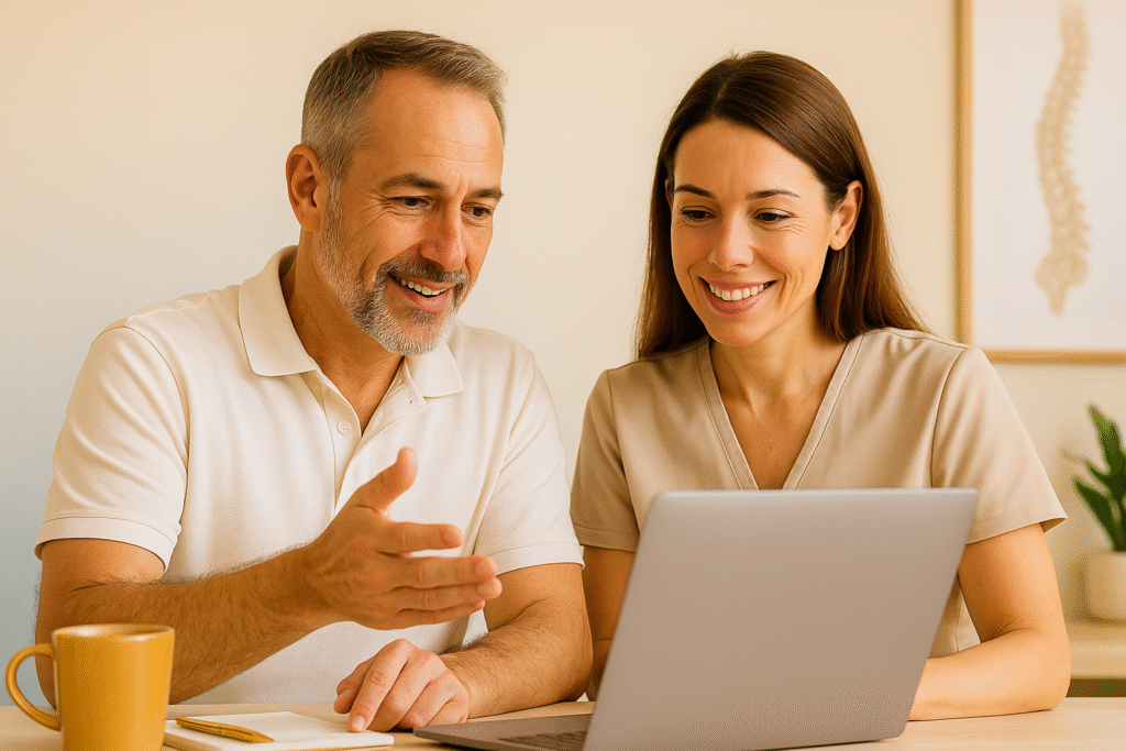 A male osteopath or physiotherapist in his 40s–50s gestures confidently while discussing ideas with a female colleague as they look at a laptop together. The scene features warm gold-toned accents such as soft lighting and decor, with a cream-to-gold-blue background that conveys expertise, success, and professionalism.