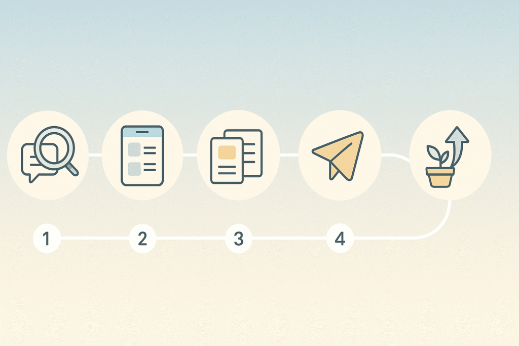 Minimalist five-step flow diagram showing the Your Clinic Voice process for osteopath and physiotherapy clinic marketing — icons of magnifying glass, smartphone, stacked cards, paper plane, and growing plant connected by a smooth curved white line on a soft sky-blue to cream background
