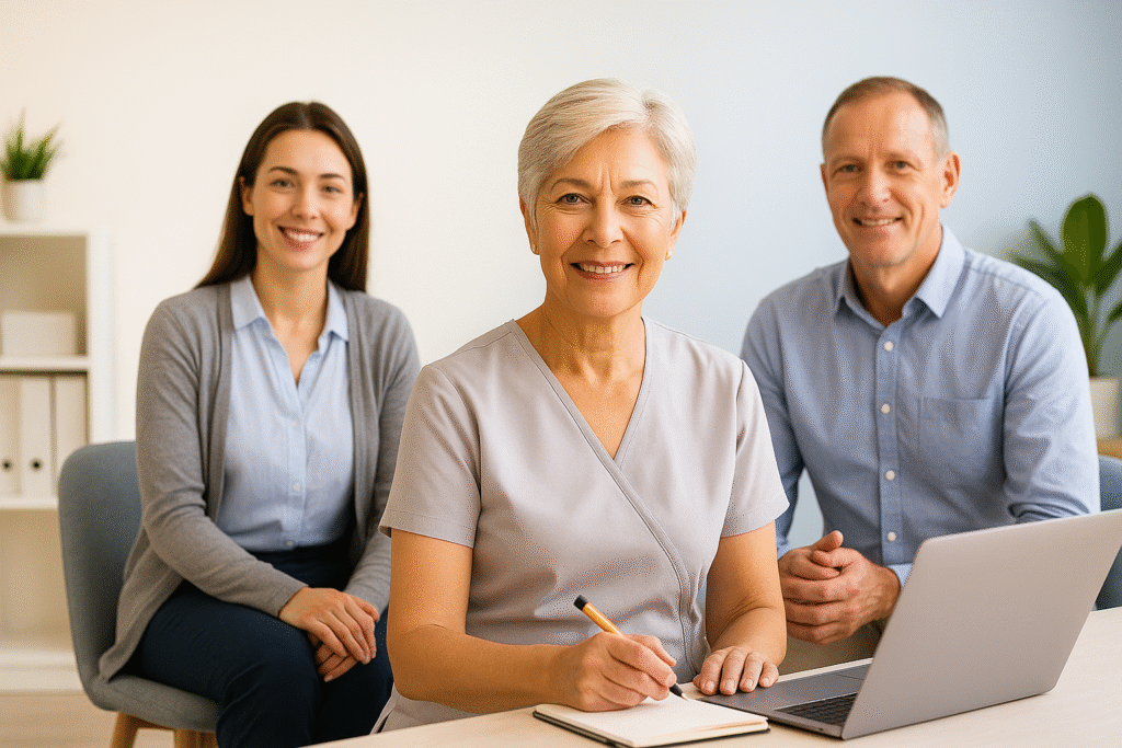A senior female osteopath or physiotherapist in her 50s–60s sits confidently with two supportive team members in a bright, modern clinic. The scene includes platinum and blue-grey accents in clothing and decor, with cool daylight and a cream-to-sky-blue-grey background creating a polished, relaxed, and trustworthy atmosphere.