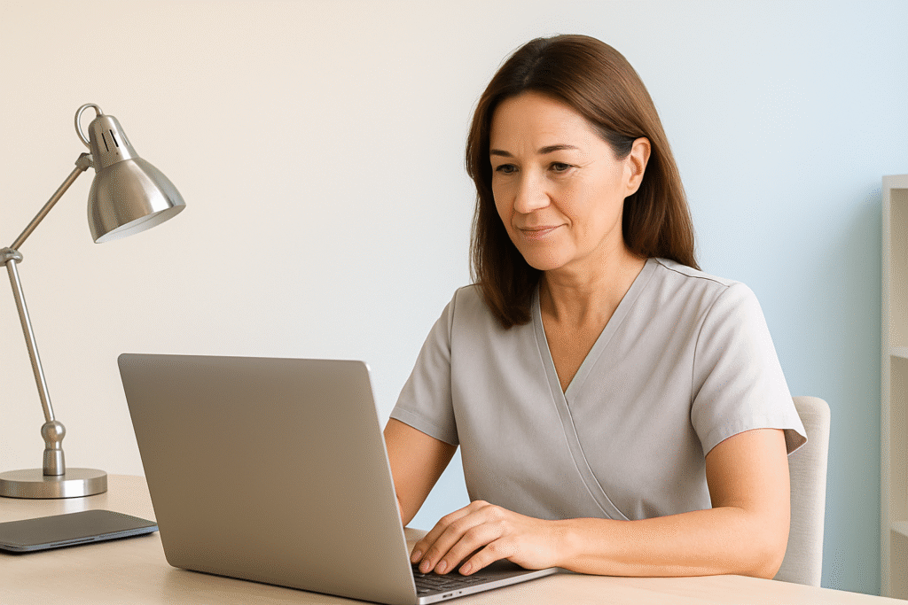 A confident female osteopath or physiotherapist in her 40s–50s works at a tidy clinic desk, reviewing notes and clinic posts on her laptop. The scene includes subtle silver accents such as a lamp and tablet, with bright natural daylight and a cream-to-light-blue background creating a calm, professional atmosphere.