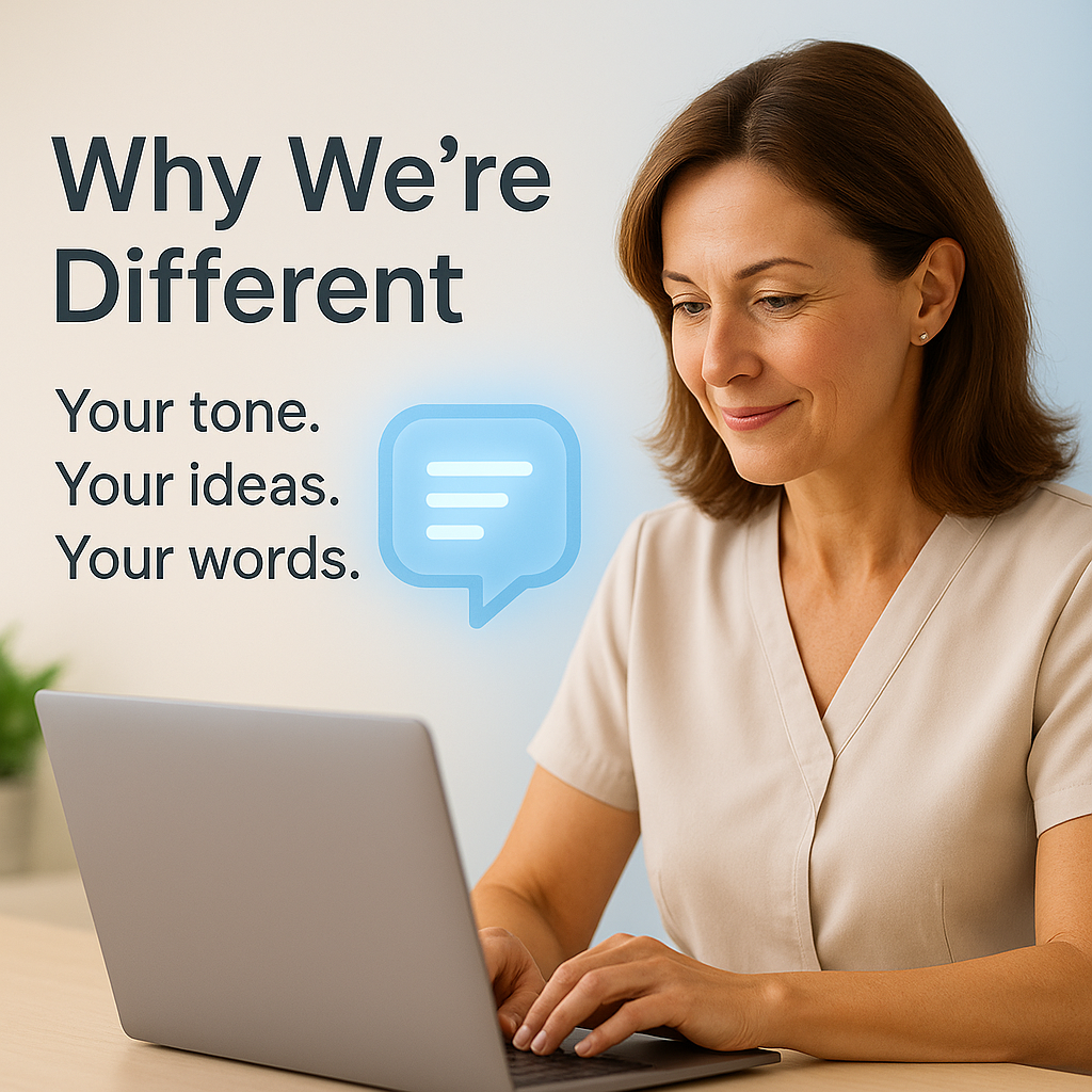 A confident, attractive female health practitioner in her 40s–50s sits at a bright desk typing on a laptop, with a soft cream-to-sky-blue background and a glowing blue speech-bubble icon beside the words “Why We’re Different – Your tone. Your ideas. Your words.”