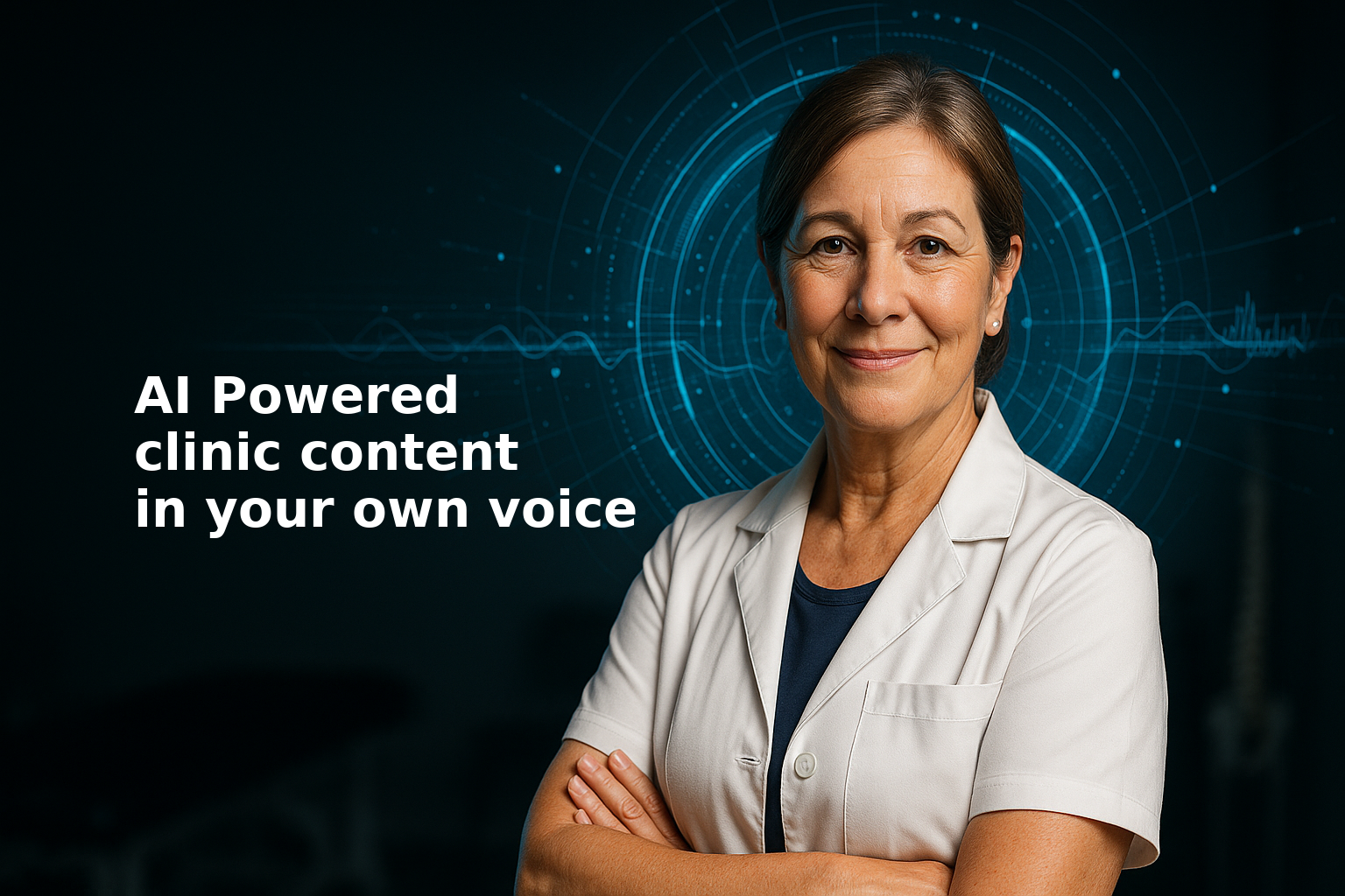 Female osteopath or physiotherapist in banner image with text "AI powered content in your own clinic voice"